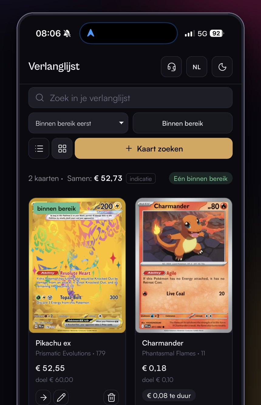 De verlanglijst met twee kaarten, hun doelprijs, en welke binnen bereik is